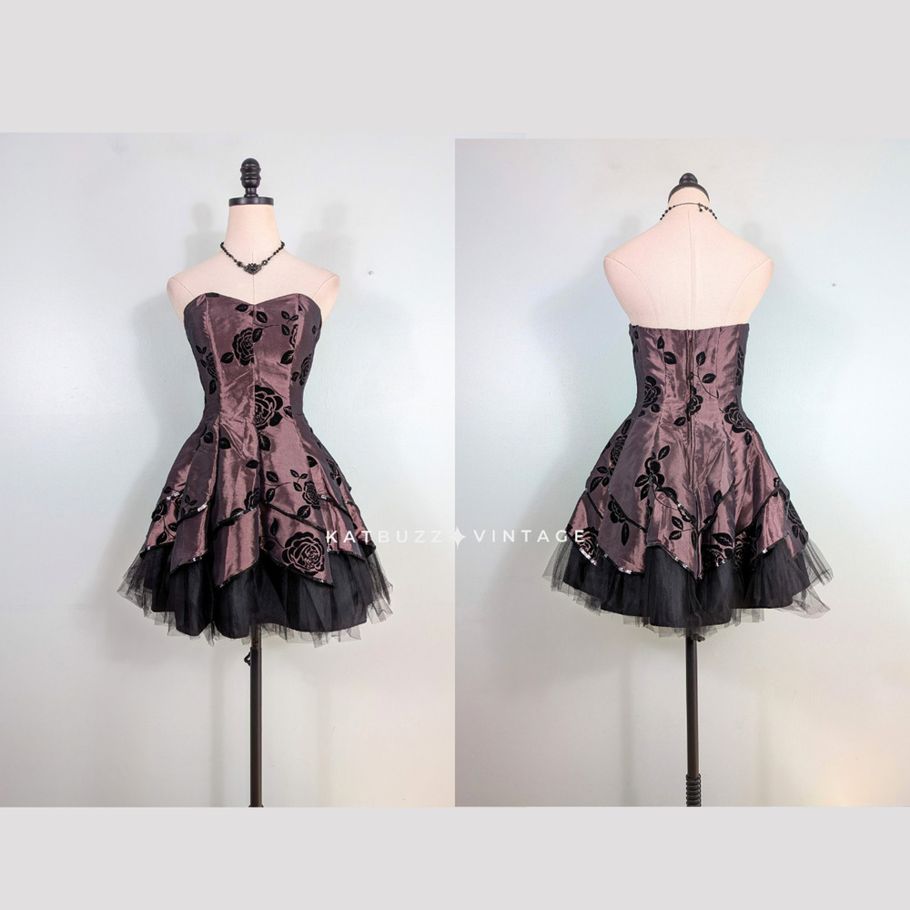 Vintage Prom Dress Mini Gown S Purple Black Floral Hoco Y2K Velvet Glam Goth